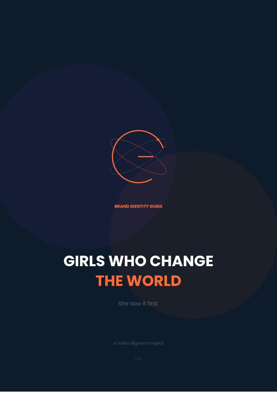 Girls Who Change the World — brand identity guide cover, featuring the Open Orbit symbol on deep navy.