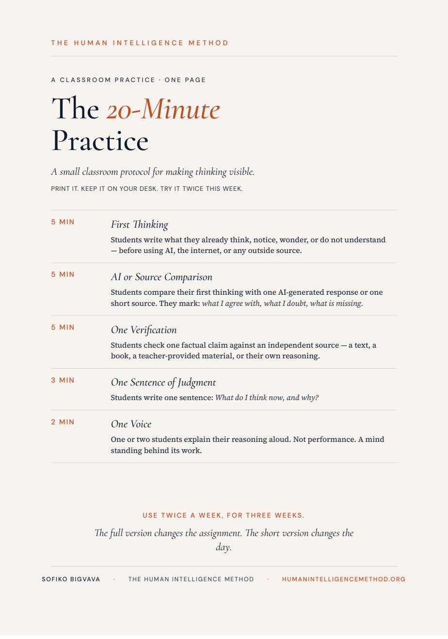 The 20-Minute Practice — a one-page classroom protocol for making student thinking visible.